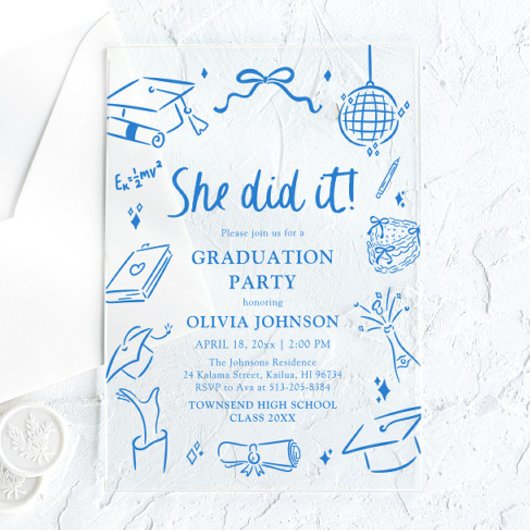 Invitations En Acrylique Modern Hand Drawn She did it Blue Graduation Party