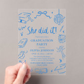 Invitations En Acrylique Modern Hand Drawn She did it Blue Graduation Party (In situ (ordinateur de poche))