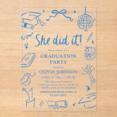 Invitations En Acrylique Modern Hand Drawn She did it Blue Graduation Party (Recto)
