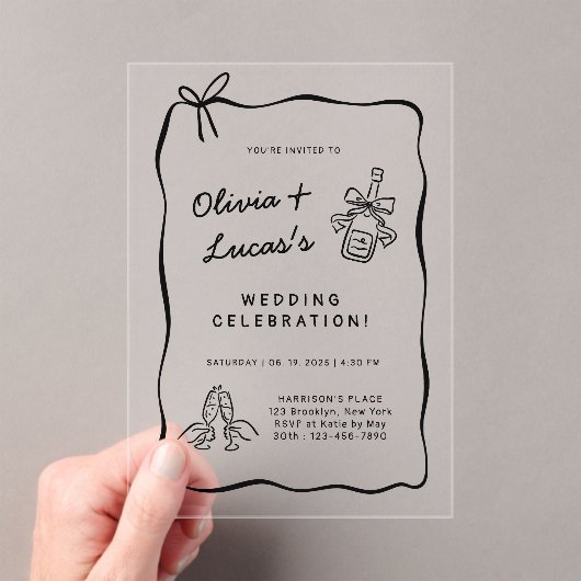 Invitations En Acrylique Modern Ivory & Black Hand-Drawn Wedding (In situ (ordinateur de poche))