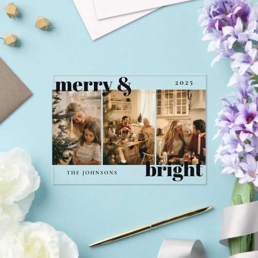 Invitations En Acrylique Modern Merry and Bright 3 Photo Holiday Card (Insitu (Mariage))