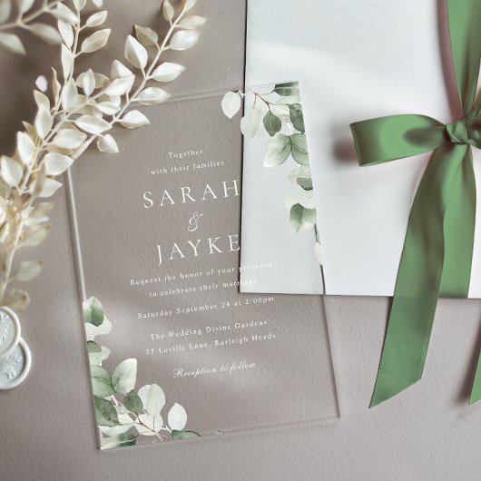 Invitations En Acrylique Modern Minimal Green Leaf White Wedding