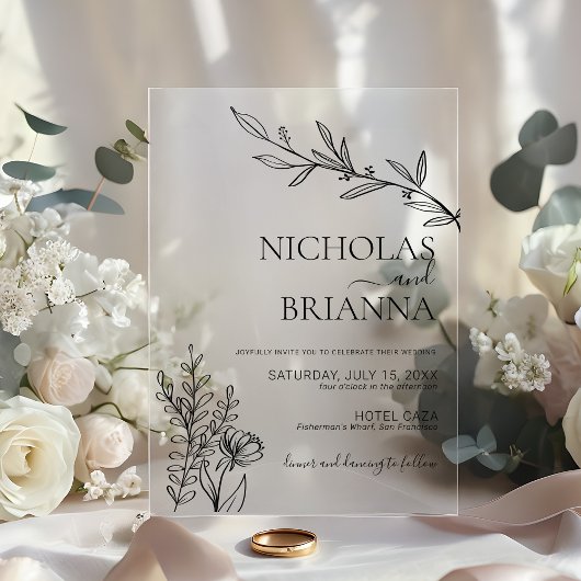 Invitations En Acrylique Modern Minimalist White Wildflower Wedding