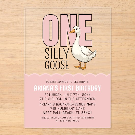 Invitations En Acrylique Modern Pink One Silly Goose 1er anniversaire (Recto)