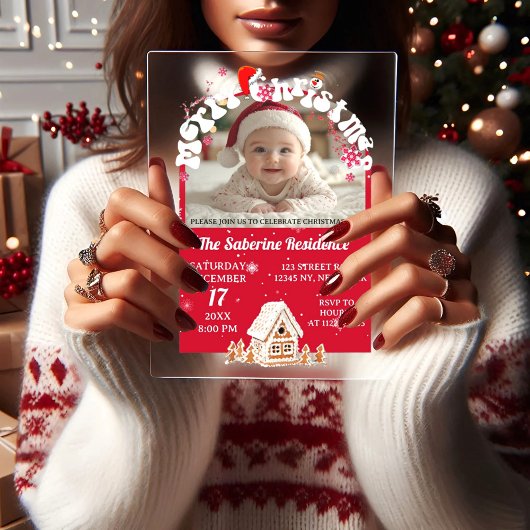 Invitations En Acrylique Modern Red Curved Graffiti Merry Christmas Photos 