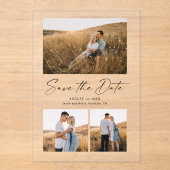 Invitations En Acrylique Modern Script 3 Photo Wedding Enregistrer la date (Recto)
