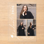 Invitations En Acrylique Modern Script 3 Photos Graduation Announcement<br><div class="desc">Celebrate your graduate’s milestone with this Modern Script 3 Photos Graduation Announcement, designed to beautifully showcase seven favorite photos in a clean, modern layout. Featuring elegant flowing script paired with minimalist typography, this personalized announcement highlights special memories while sharing the exciting news with family and friends. Perfect for high school...</div>