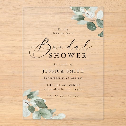 Invitations En Acrylique Modern Script Green Leaf Bridal Shower (Recto)