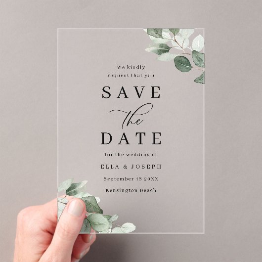 Invitations En Acrylique Modern Script Green Leaf Wedding Save The Date (In situ (ordinateur de poche))