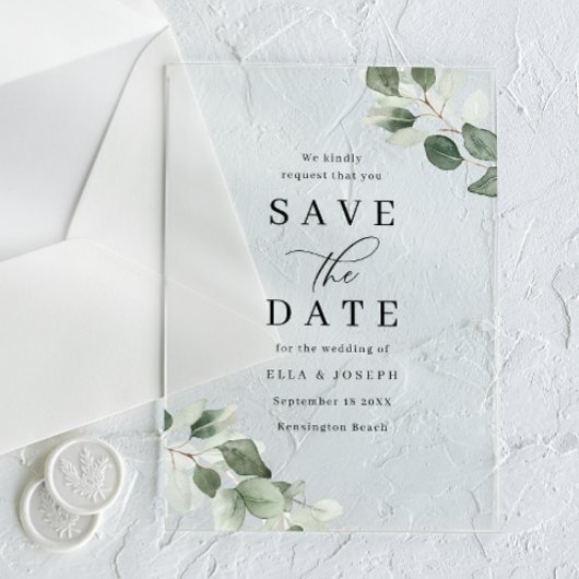 Invitations En Acrylique Modern Script Green Leaf Wedding Save The Date