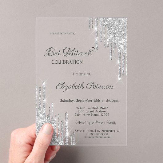 Invitations En Acrylique Modern Silver Glitter Drips Rose Gold Bar Mitzvah (In situ (ordinateur de poche))