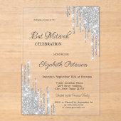 Invitations En Acrylique Modern Silver Glitter Drips Rose Gold Bar Mitzvah (Recto)