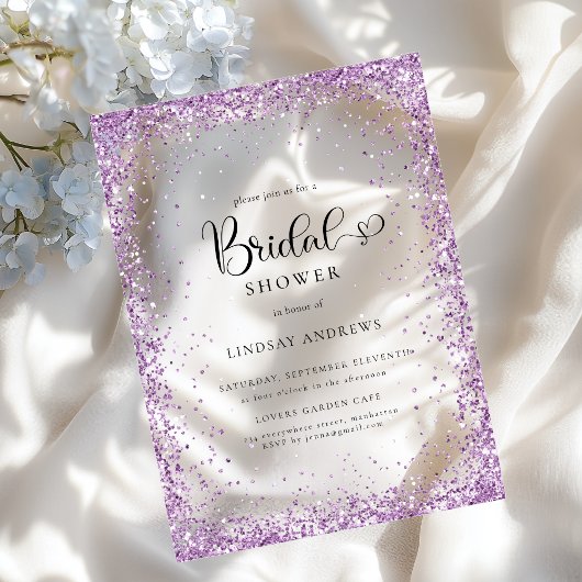 Invitations En Acrylique Modern Silver Purple Glitter Bridal Shower 