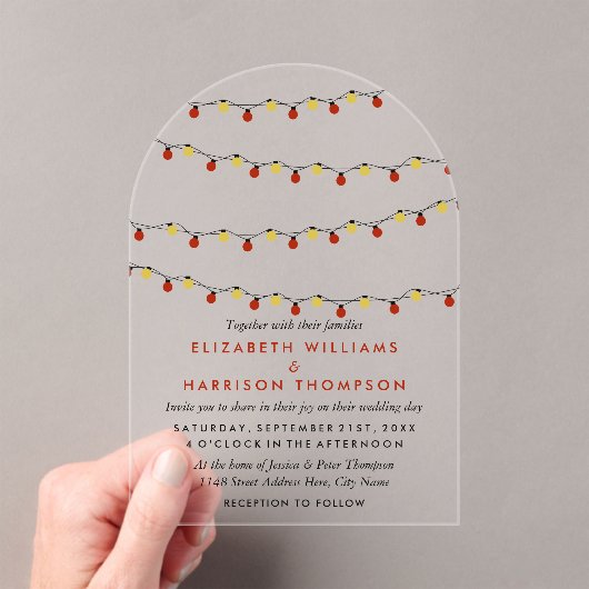 Invitations En Acrylique Modern String Lights, Red & Gold Wedding (In situ (ordinateur de poche))