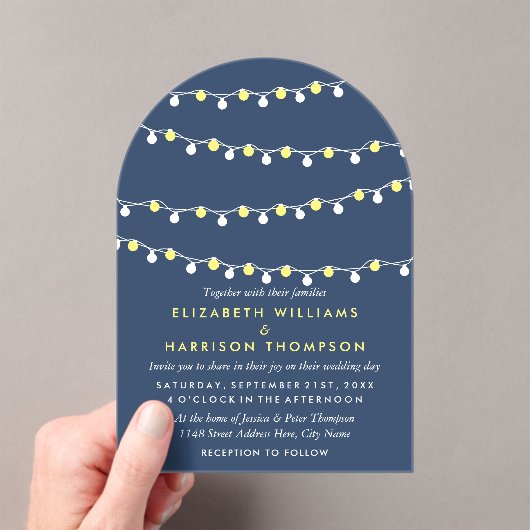 Invitations En Acrylique Modern String Lights, Yellow & White Wedding (In situ (ordinateur de poche))