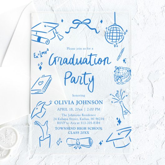 Invitations En Acrylique Modern Whimsical Hand Drawn Blue Graduation Party