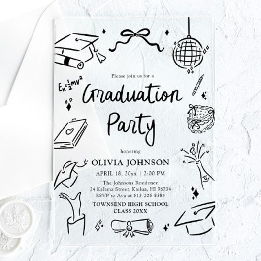 Invitations En Acrylique Modern Whimsical Hand Drawn Bow Graduation Party