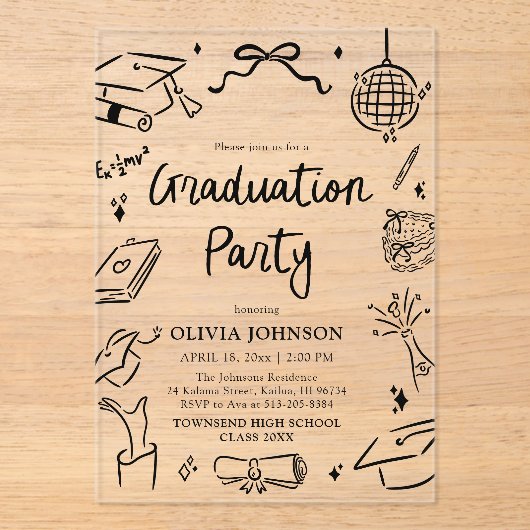 Invitations En Acrylique Modern Whimsical Hand Drawn Bow Graduation Party (Recto)