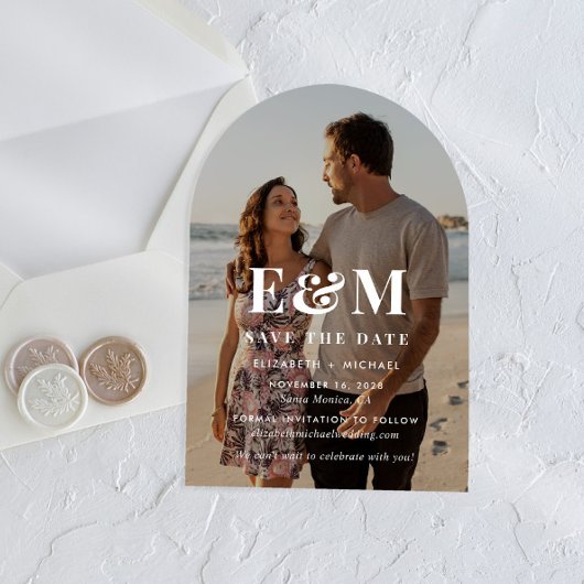 Invitations En Acrylique Modern White Monogram Arch Photo Save The Date