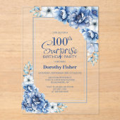 Invitations En Acrylique Moderne Blue Floral Surprise 100e fête d'anniversa (Recto)