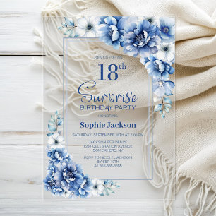 Invitations En Acrylique Moderne Blue Floral Surprise 18e fête d'anniversai