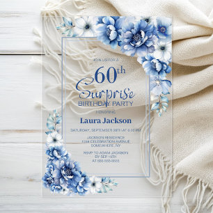 Invitations En Acrylique Moderne Blue Floral Surprise 60e fête d'anniversai