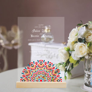Invitations En Acrylique Moderne Bohème Ethnique Floral Mandala Coloré Mari