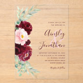 Invitations En Acrylique Moderne Bourgogne Blush Floral Greenery Mariage (Recto)
