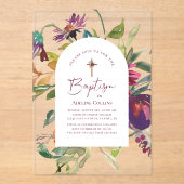 Invitations En Acrylique Moderne Bourgogne Floral Élégant Script Baptême (Recto)