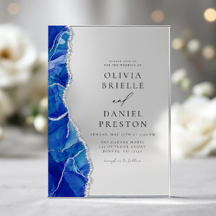 Invitations En Acrylique Moderne Élégant Bleu Royal Agate Argent Mariage