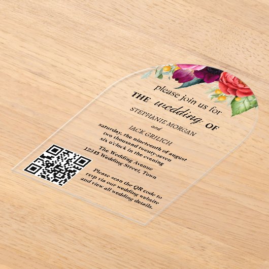 Invitations En Acrylique Moderne élégant Floral QR Code Mariage budget (Poser)