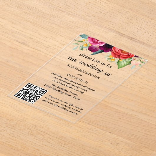 Invitations En Acrylique Moderne élégant Floral QR Code Mariage budget (Poser)
