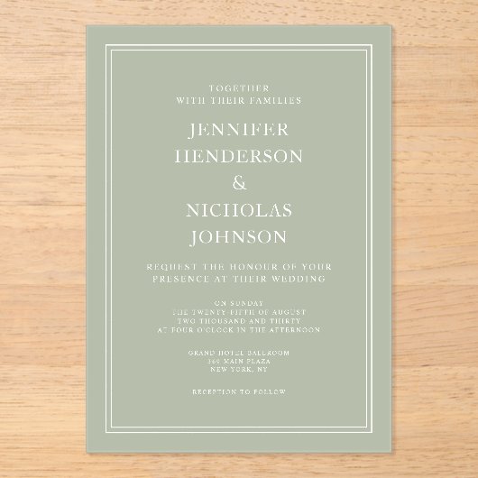 Invitations En Acrylique Moderne Elégant Formal Sage Mariage Vert (Recto)