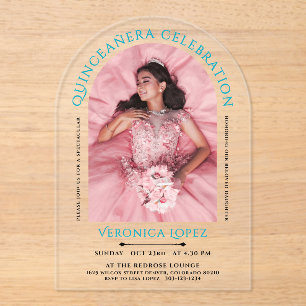Invitations En Acrylique Moderne Elégant Turquoise Blue Quinceanera Photo