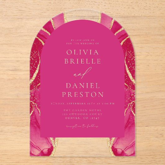 Invitations En Acrylique Moderne Hot rose Or Agate Mariage élégant (Recto)