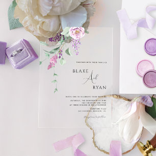 Invitations En Acrylique Moderne Minimaliste Fleurie Violette, Mauve et Pas
