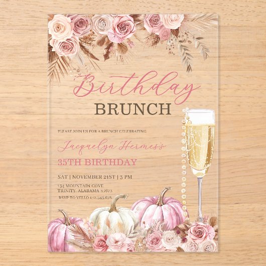 Invitations En Acrylique Moderne Rose Boho Citrouille Automne Anniversaire  (Recto)