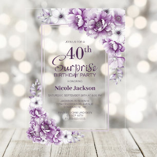 Invitations En Acrylique Moderne rose Floral Surprise 40e anniversaire fête