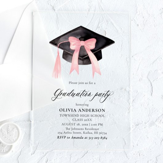 Invitations En Acrylique Moderne tendance Pink Bow Graduation Cap Graduatio
