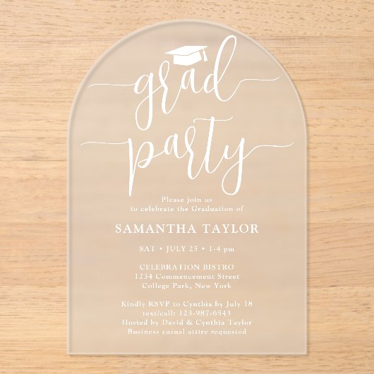 Invitations En Acrylique Moderne tendance White Script Grad Party Transluci (Recto)