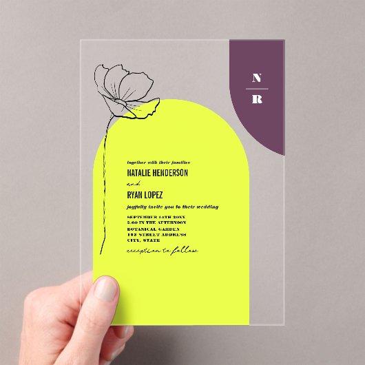 Invitations En Acrylique Monogram Floral Neon + Plum Mariage géométrique (In situ (ordinateur de poche))