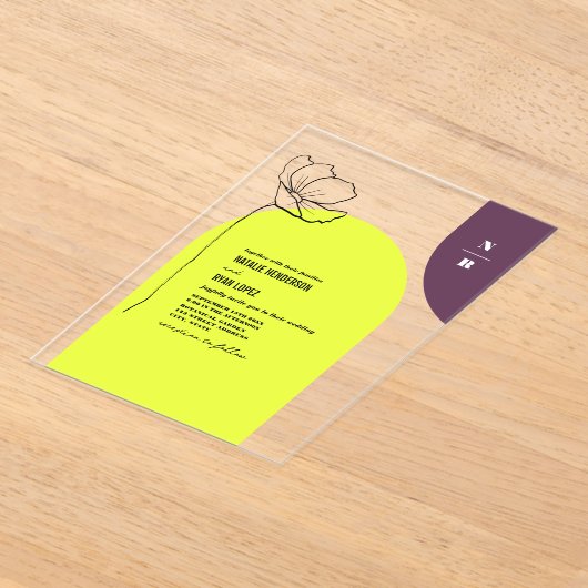 Invitations En Acrylique Monogram Floral Neon + Plum Mariage géométrique (Poser)