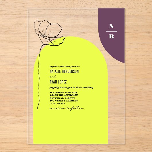 Invitations En Acrylique Monogram Floral Neon + Plum Mariage géométrique (Recto)