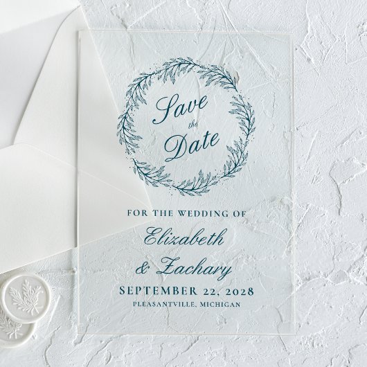 Invitations En Acrylique Monogram Teal Blue Wreath Wedding Save the Date