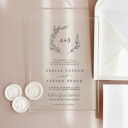 Invitations En Acrylique Monogramme à feuilles minimes vert Boho Mariage mo