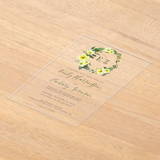 Invitations En Acrylique Monogramme Aquarelle Jaune Floral Mariage (Poser)