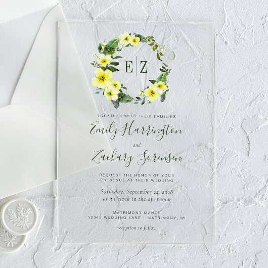 Invitations En Acrylique Monogramme Aquarelle Jaune Floral Mariage