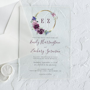 Invitations En Acrylique Monogramme Aquarelle Purple Floral Mariage