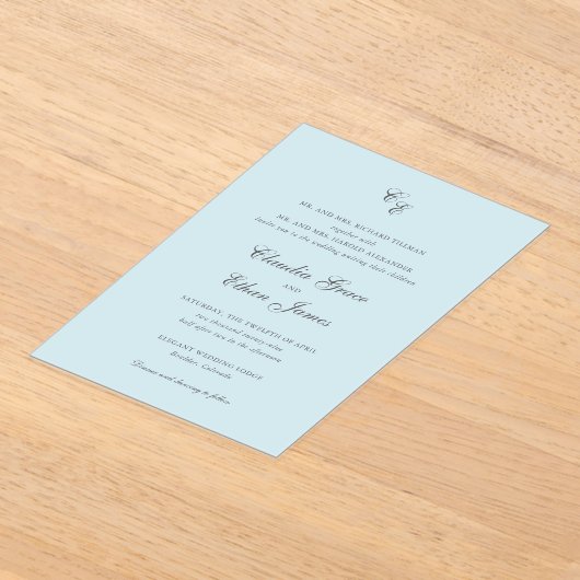 Invitations En Acrylique Monogramme bleu Poudre classique Mariage élégant (Poser)