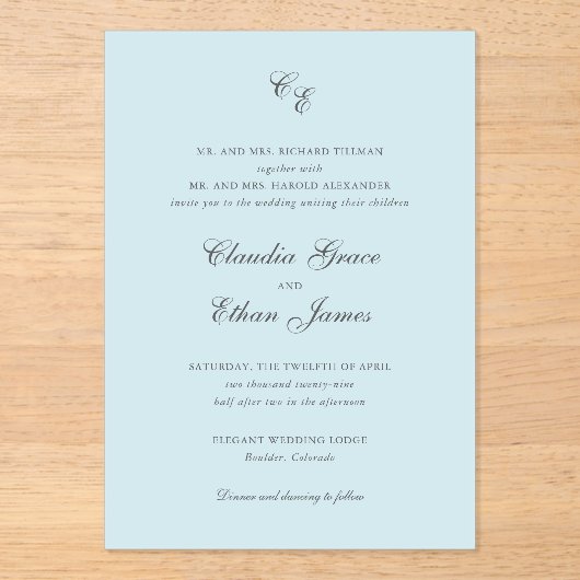 Invitations En Acrylique Monogramme bleu Poudre classique Mariage élégant (Recto)